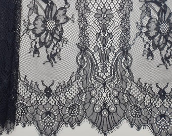 Black French Chantilly Lace Fabric, Floral Wedding Veil Lace