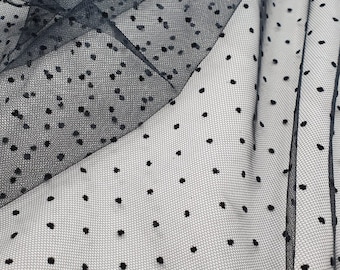 Black Tulle Fabric With Mini Velvet Polka Dots, Flocking Polka