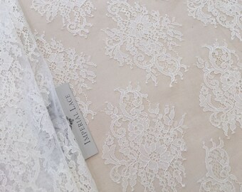 Ivory Chantilly Lace Fabric, Bridal Wedding Lace, Floral Scalloped Edge, By The Yard