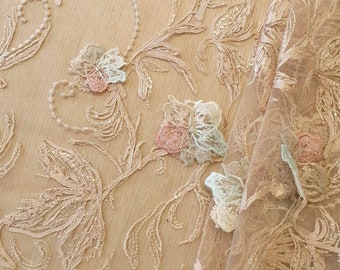 Beige lace fabric, Embroidered Lace, Bridal Lace Fabric, Mesh tulle fabric, French Lace, Wedding Lace, Evening dress lace, Tulle K00992