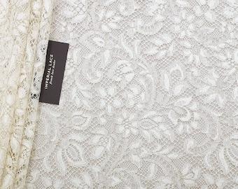 Ivory lace fabric, Floral, French Lace, Alencon lace, Wedding Lace, Bridal lace, Gold Lace, Solstiss lace, Couture lace, Embroidered K01235