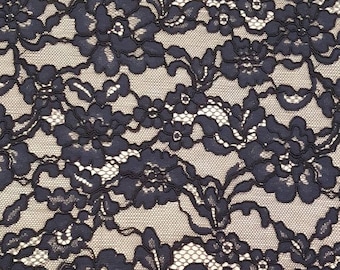 Black Floral lace fabric, French Lace, Alencon Lace, Bridal lace, Wedding Lace, Embroidery lace, Evening dress lace, Lingerie Lace M000092