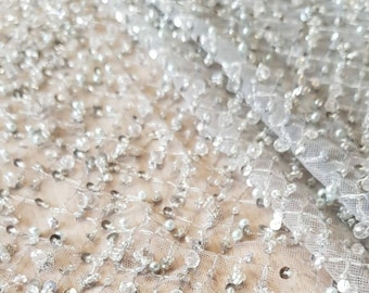 Luxury 3D Gray lace fabric, Hand made pearl beads, French Lace, Embroidered lace, Wedding Lace, Sequin fabric, Beaded lace, K00922