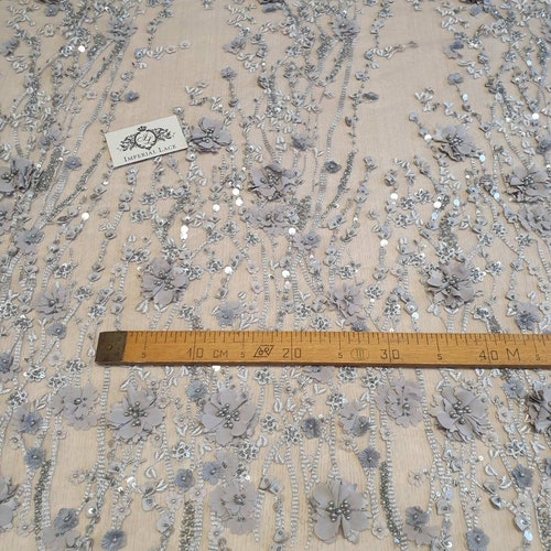 Gray lace fabric, 3D Beaded Lace Fabric, hand made shops pearl beads, Luxury 3D flowers, French Lace, Wedding Lace, fabric by the yard K00858