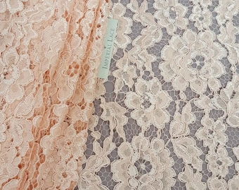 Salmon Pink Alencon Lace Fabric, Scalloped Bridal Lace, French Style By the Yard