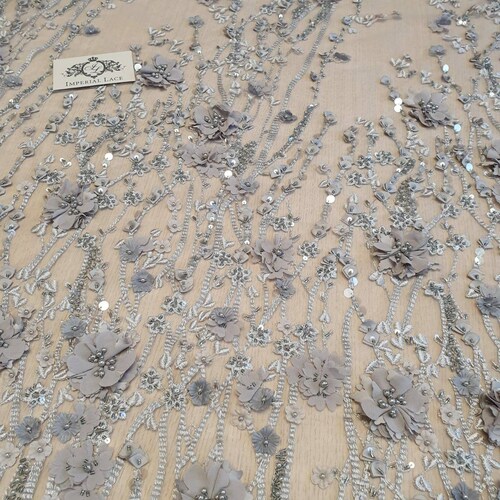 Gray lace fabric, 3D Beaded Lace Fabric, hand made shops pearl beads, Luxury 3D flowers, French Lace, Wedding Lace, fabric by the yard K00858