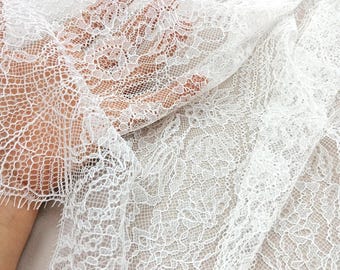 Off White Floral Chantilly Lace Fabric, Scalloped Bridal Lace By The Yard