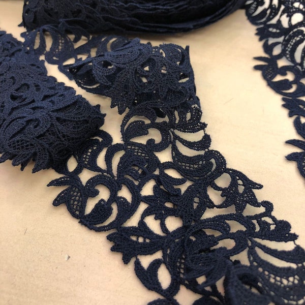 Dark Blue lace Trim, Alencon Lace, French Lace trim, Bridal lace, Wedding Lace, Scalloped lace, Lace Fabric, Fabric by the yard MK00365