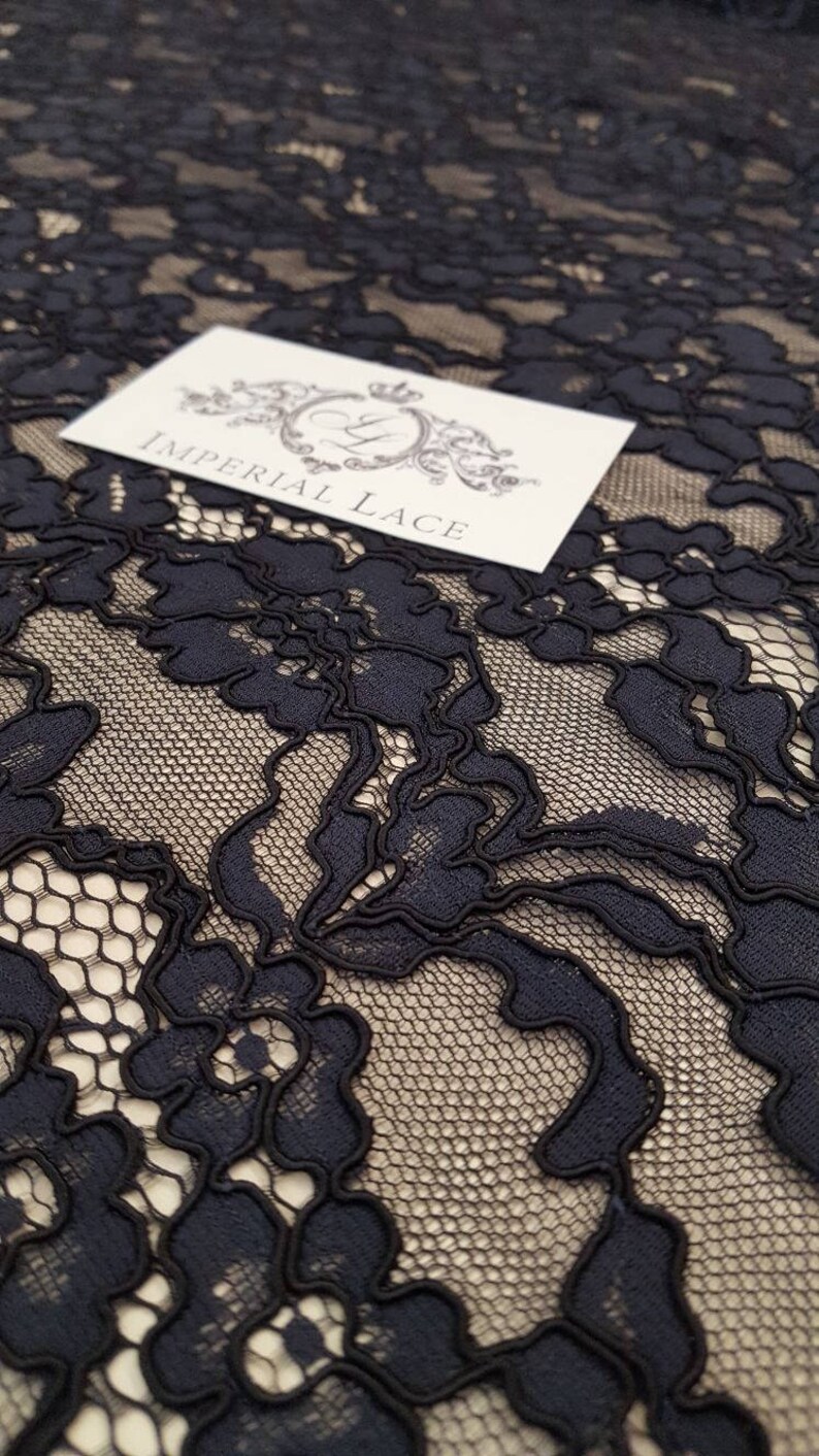 Black Floral lace fabric, French Lace, Alencon Lace, Bridal lace, Wedding Lace, Embroidery lace, Evening dress lace, Lingerie Lace M000092 image 2