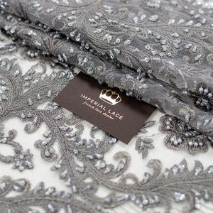 Gray lace fabric, 3D Beaded Lace Fabric, hand made pearl beads, Luxury 3D flowers, French Lace, Wedding Lace, fabric by the yard K01123
