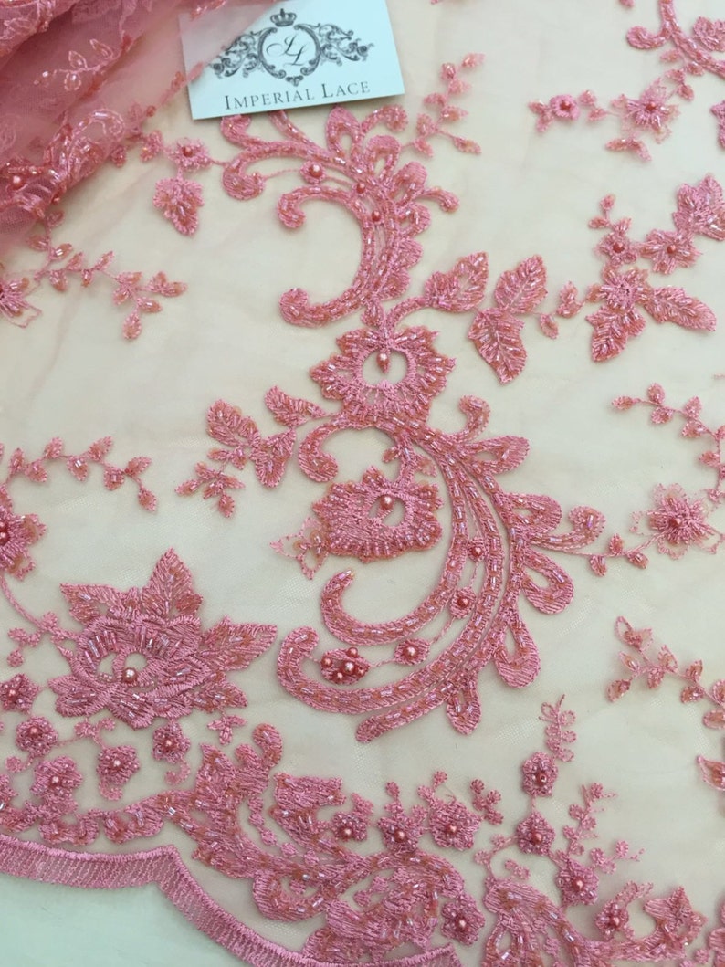 pearl beaded pink pearl brocade embroidered K00309 Pearl embroidered lace fabric hand made