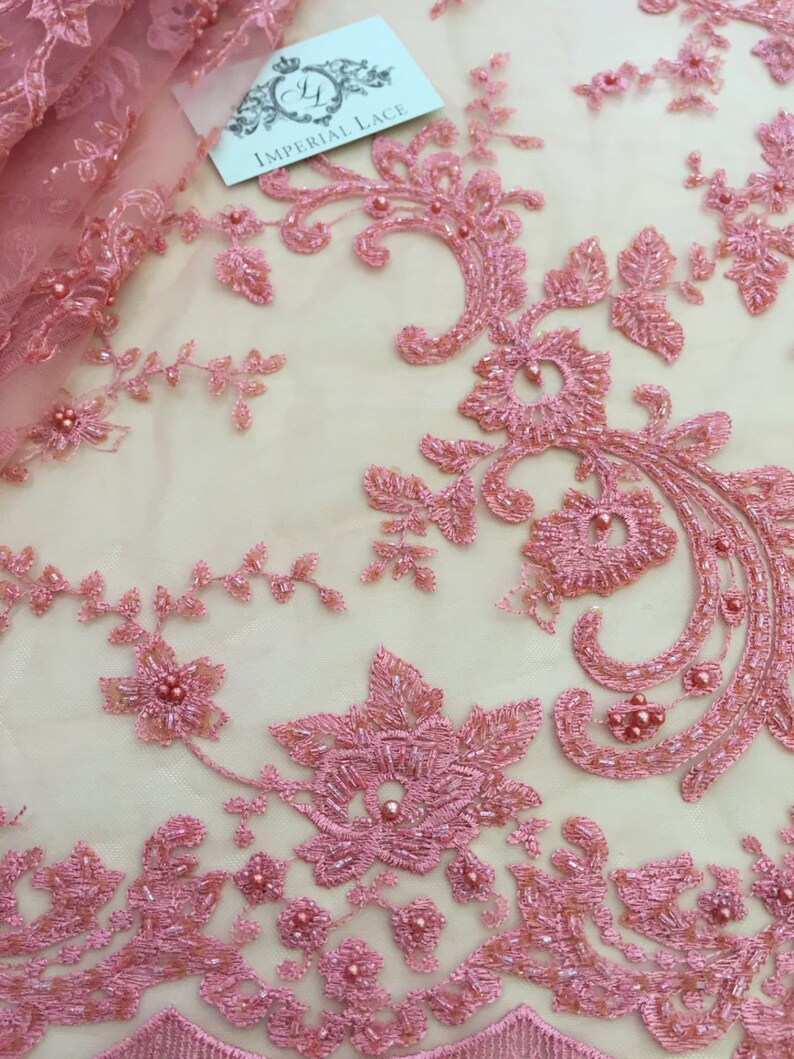 pearl beaded pink pearl brocade embroidered K00309 Pearl embroidered lace fabric hand made