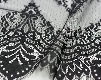 Black lace Trim, Alencon Lace, French Lace trim, Bridal lace, Wedding Lace, Scalloped lace, Lace Fabric, Fabric by the yard MM00206