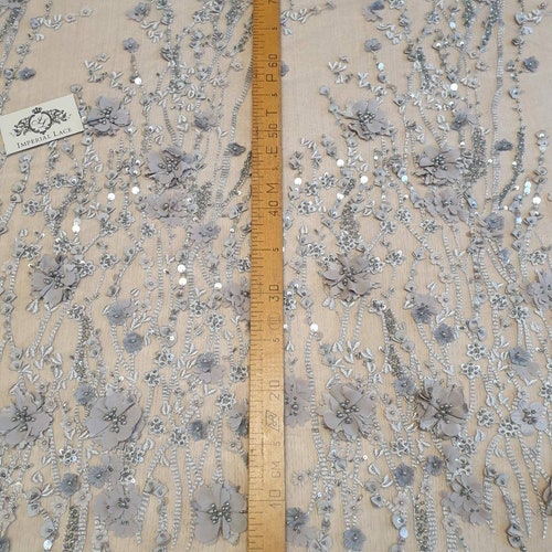 Gray lace fabric, 3D Beaded Lace Fabric, hand made shops pearl beads, Luxury 3D flowers, French Lace, Wedding Lace, fabric by the yard K00858