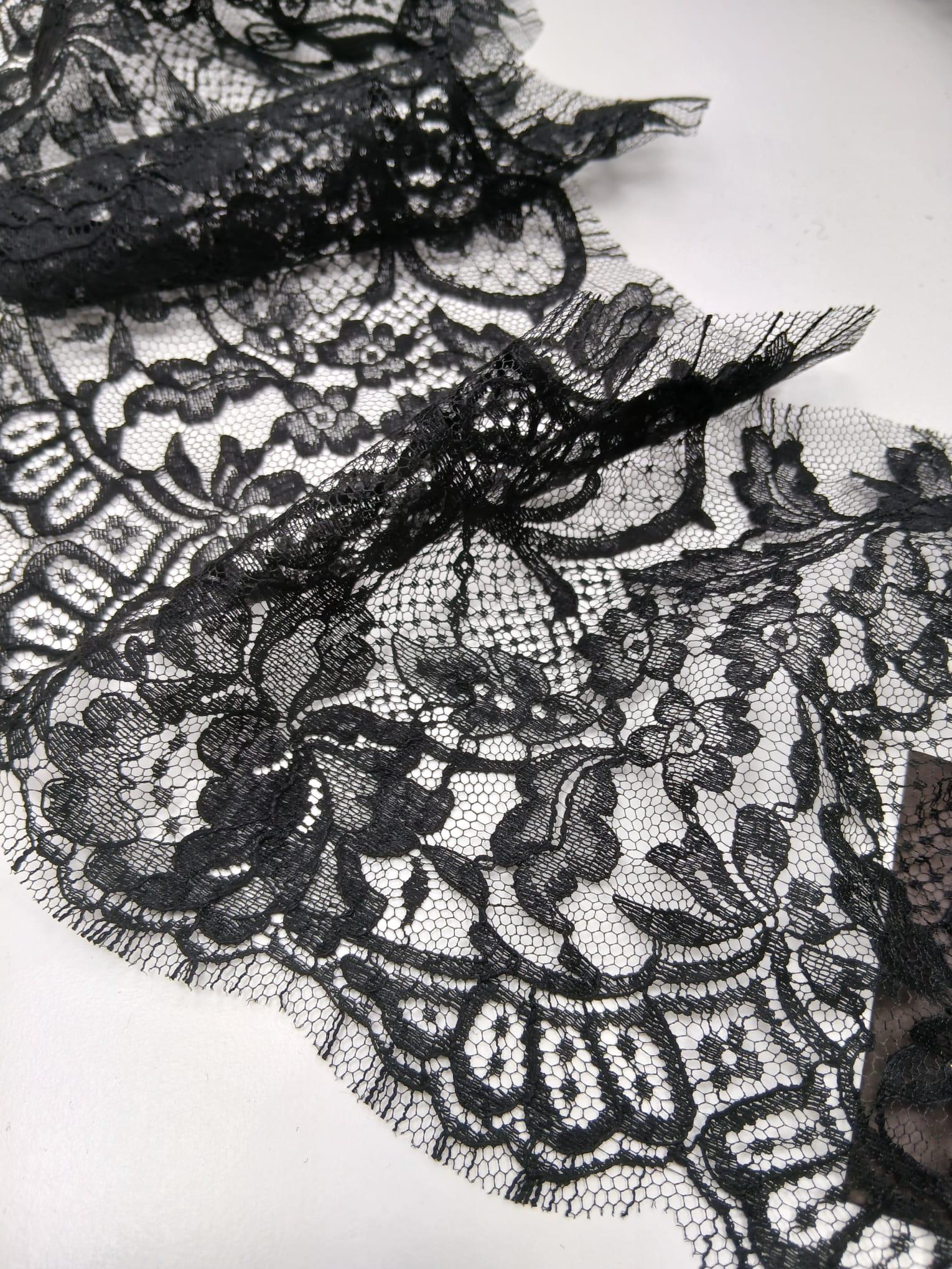 Black Cotton Solstiss Lace Trim: Scalloped Floral French Lace, 21