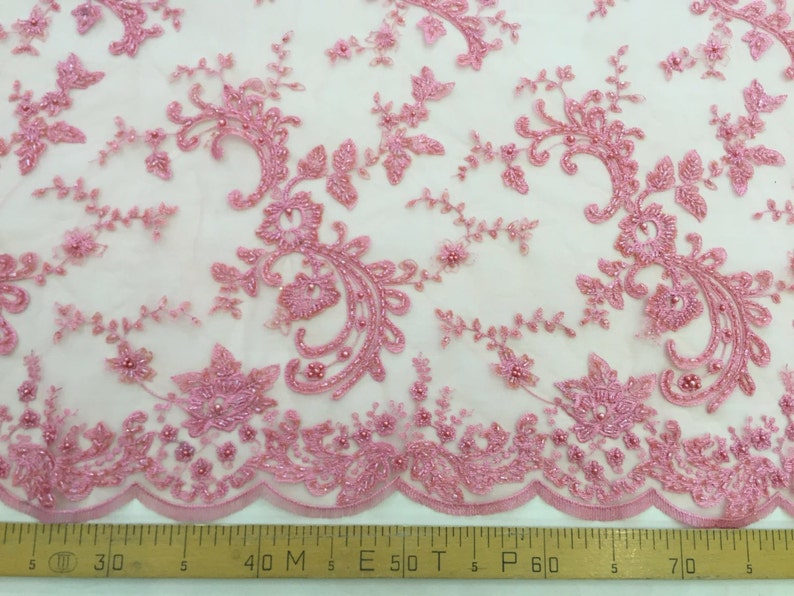 pearl beaded pink pearl brocade embroidered K00309 Pearl embroidered lace fabric hand made