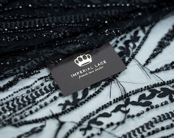 3D Black Beaded Feather Lace, Couture Gown Fabric