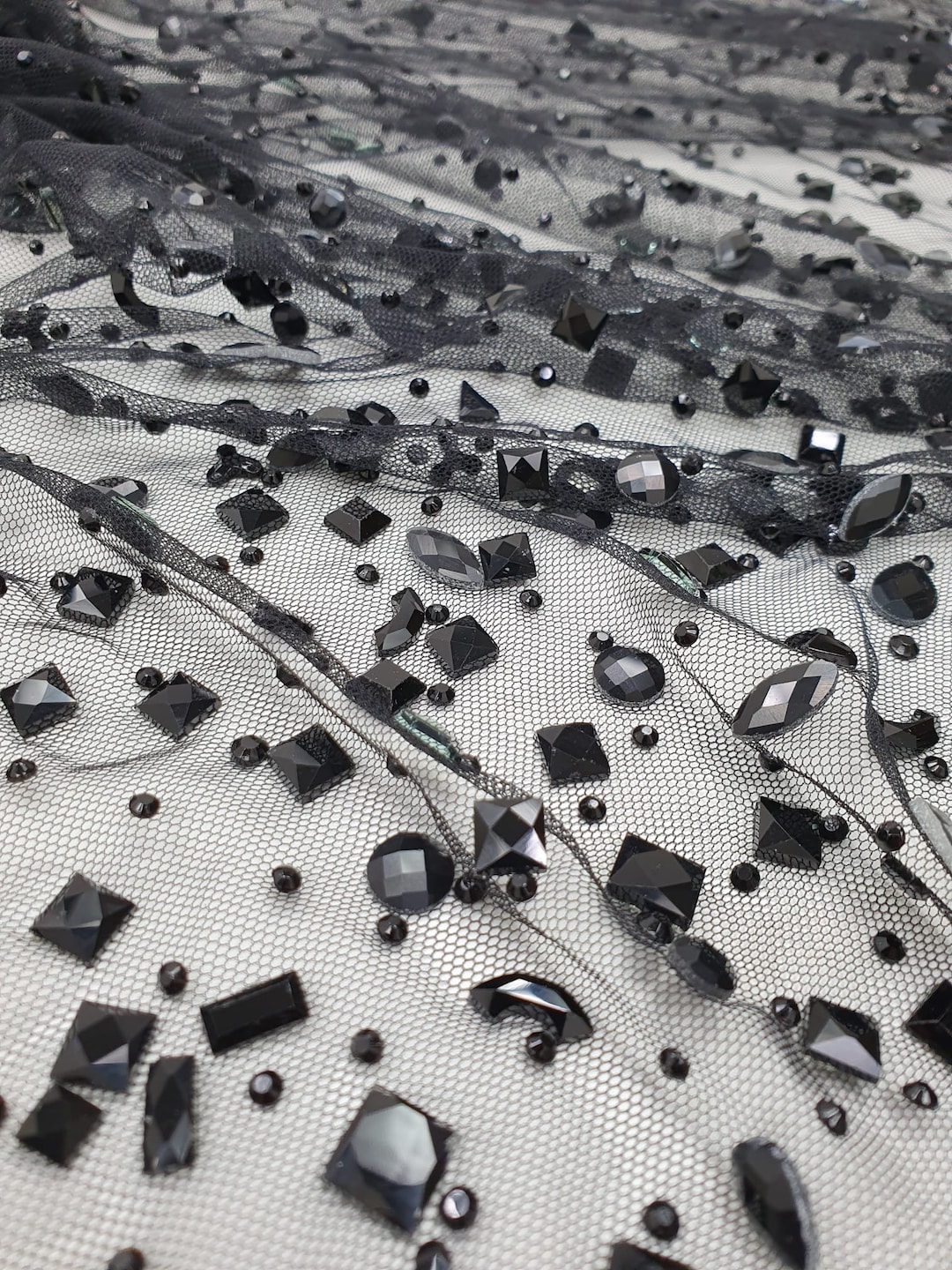 Black Rhinestone Tulle Fabric, Beaded Fabric, Luxury Fabric, Bridal ...