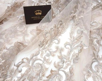 Beige Floral 3D Embroidered Lace Fabric, Sequin & Beaded Wedding Veil, Gown Lace