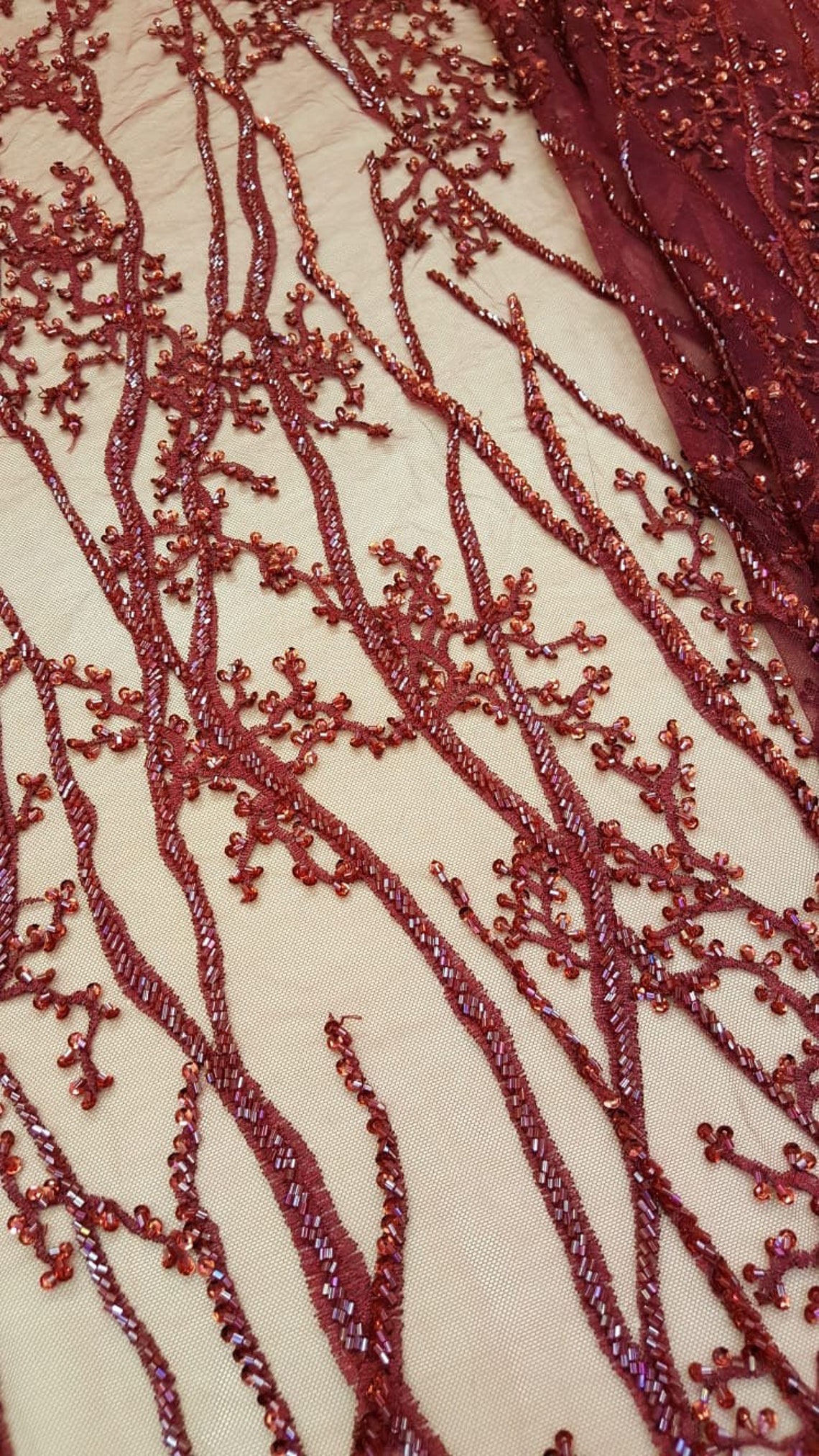 Red lace fabric 3D Beaded Lace Fabric hand made pearl beads Etsy