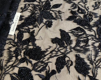 Luxury 3D black lace fabric, Hand made lace, Lace fabric, Beaded lace fabric, Embroidered lace, Black 3d lace, 3D spitzen stoff, M00163