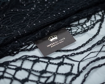 Black Beaded Embroidered Lace Fabric, Mesh Tulle