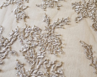 Beige 3D Embroidered Lace Fabric, Beaded Luxury Bridal Lace