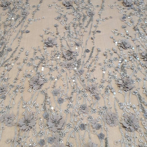 Gray lace fabric, 3D Beaded Lace Fabric, hand made shops pearl beads, Luxury 3D flowers, French Lace, Wedding Lace, fabric by the yard K00858
