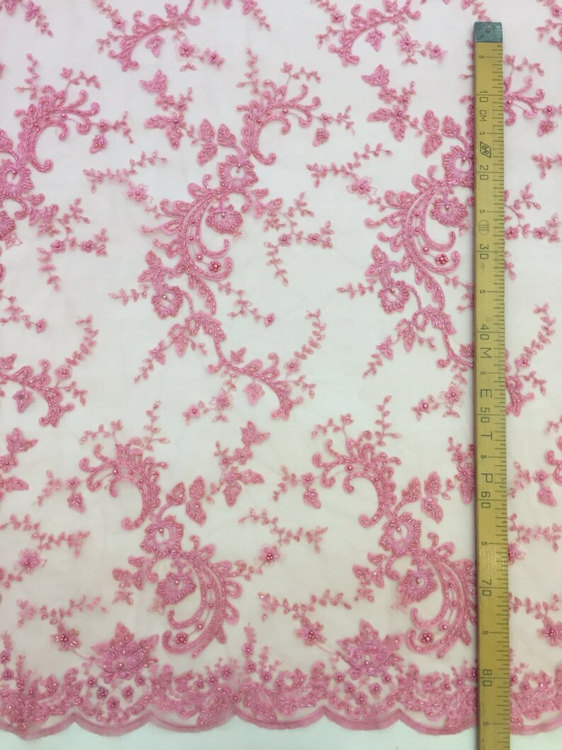 pearl beaded pink pearl brocade embroidered K00309 Pearl embroidered lace fabric hand made