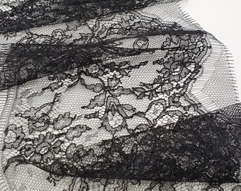 Black lace trim, Chantilly Lace, French Lace trim, Bridal lace, Evening dress lace, Scalloped lace, Floral Lace, Lingerie lace trim MM00246