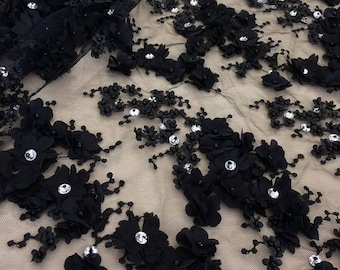 Black with flowers 3D fabric, Luxury hand made pearl beads by 3D flowers, Lace fabric, Embroidered lace, Wedding Lace, Bridal lace, M00116