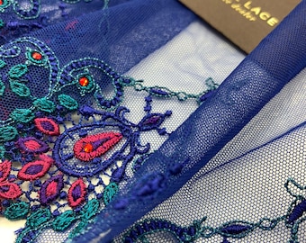 Blaue Bestickte Chantilly Spitzenborte, Stretch Französische Spitze