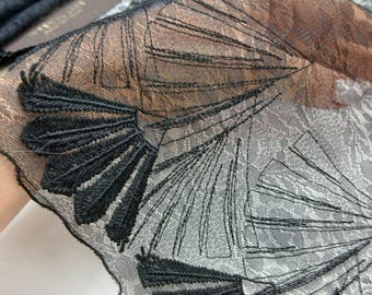 Bordure en dentelle de Chantilly noire, dentelle de mariée brodée Français, 9 pouces de large