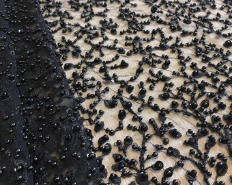 Black 3D Beaded Sequin Lace Fabric, Evening Dress Lace