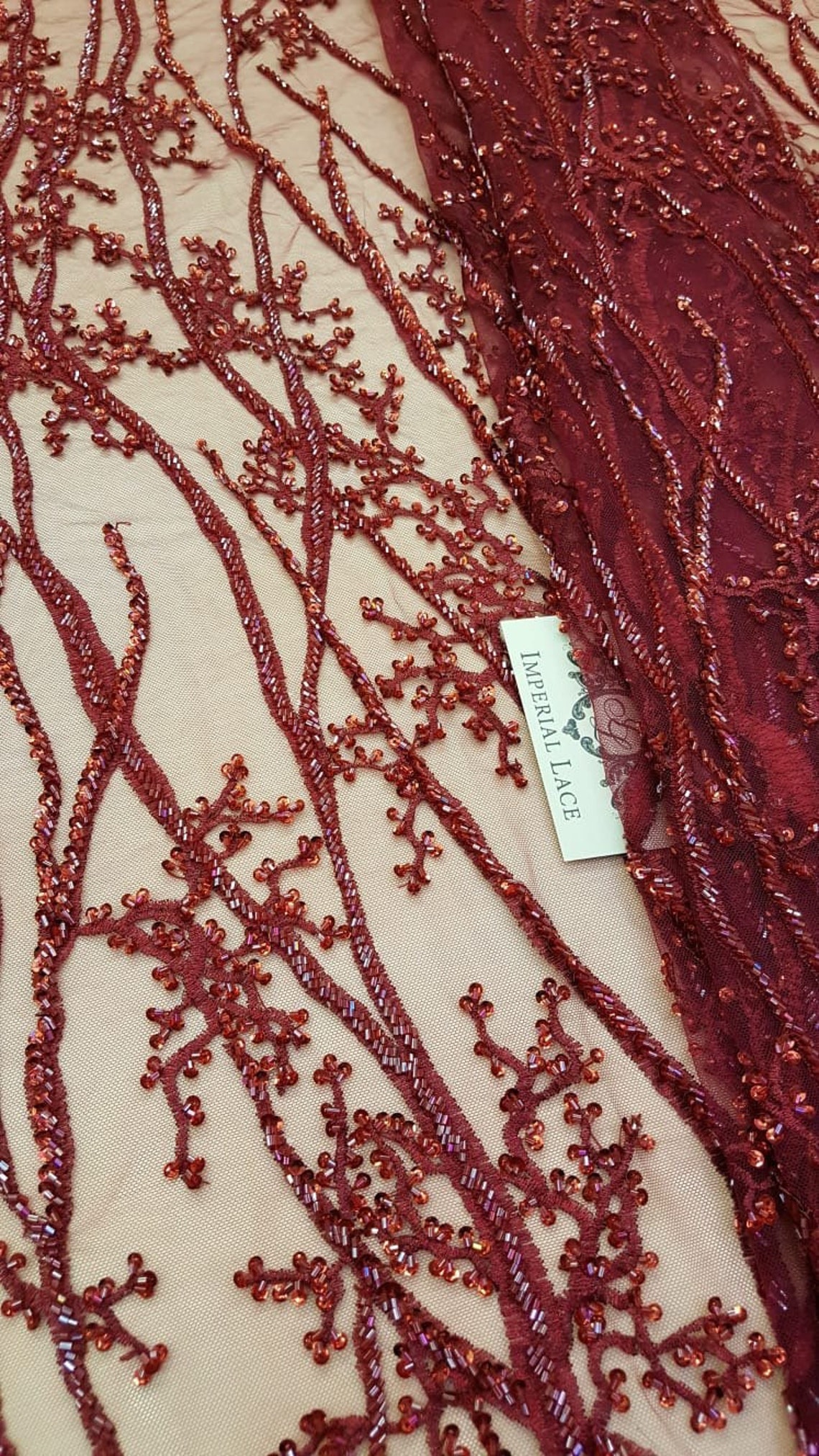 Red lace fabric 3D Beaded Lace Fabric hand made pearl beads Etsy