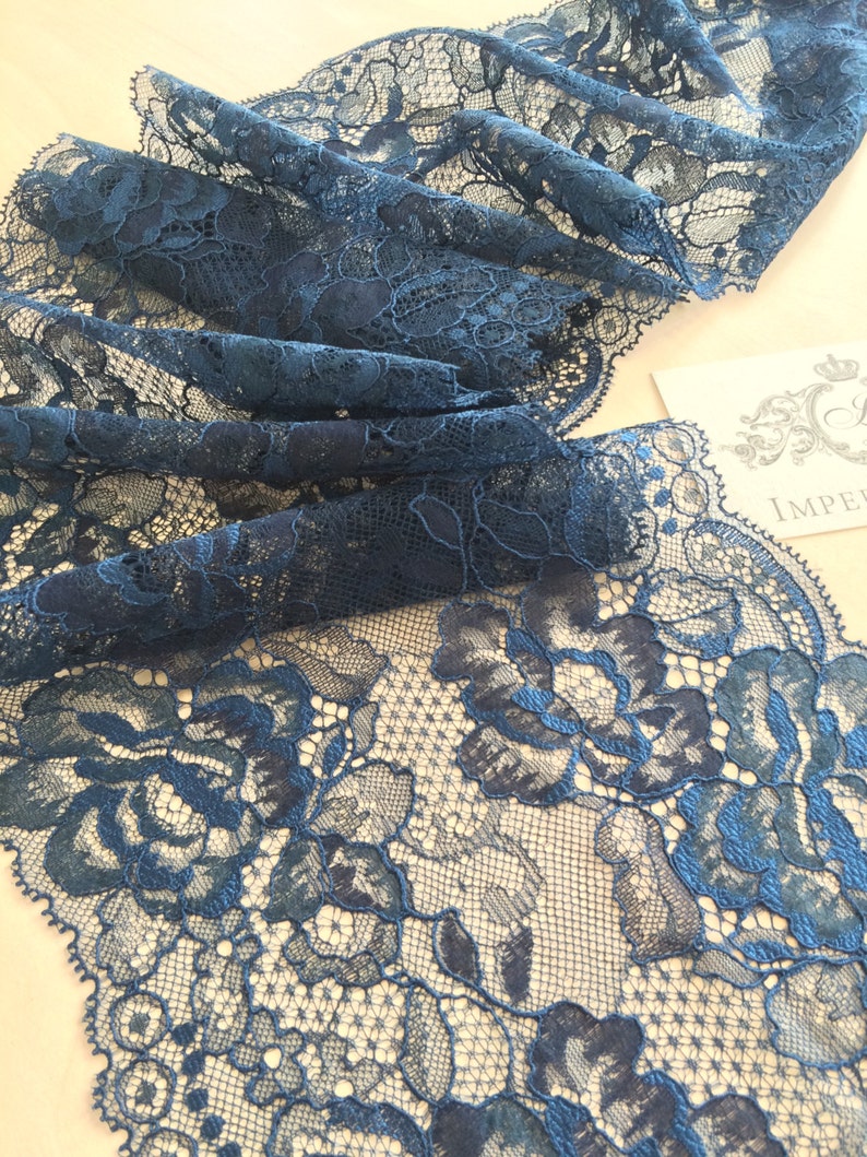 Blue lace Trim, Chantilly Lace, French Lace trim, Bridal lace, Wedding Lace, Scalloped lace, Lace Fabric, Fabric by the yard MK00154 image 1