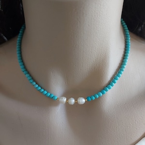 Turquoise Beaded Choker: Freshwater Pearl Necklace, Dainty Jewelry, Summer Accessory