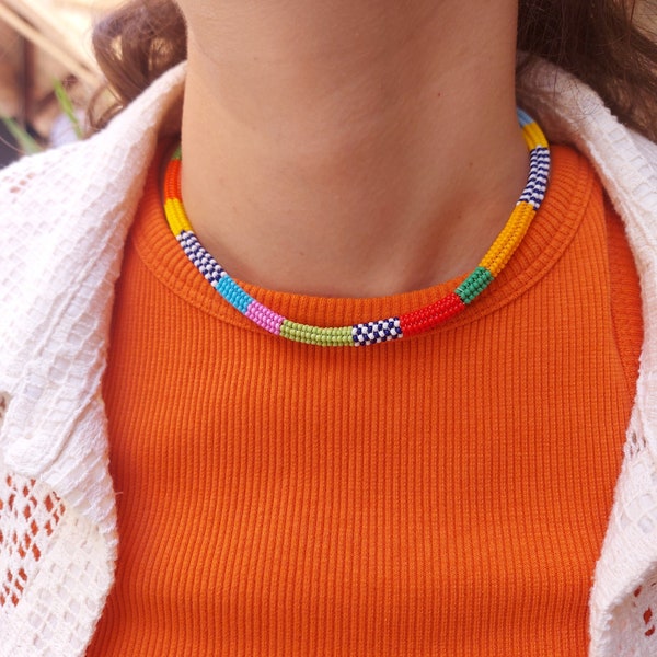 Handwoven necklace, Herringbone necklace, Beaded necklace, Seed bead jewelry, Colorful bead necklace, Bohemian necklace, Gift for women