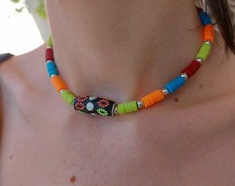 Colorful Heishi Clay Bead Necklace: Beach Surfer Choker, Summer Accessory