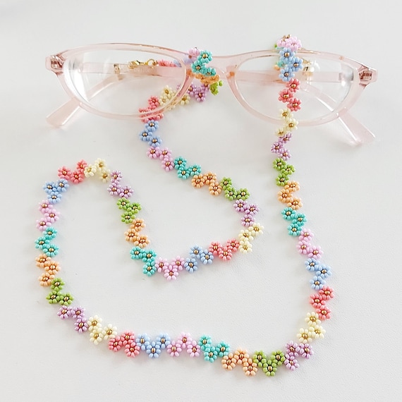 ♪❤️ ランプワーク　ハート　ブルー　ガラスビーズ　マスクチェーン ワイルドフラワー グラスチェーン：ビーズハートサングラスストラップ