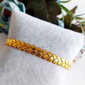 Gold Miyuki Tila Beaded Bracelet: Herringbone Woven Jewelry, Handwoven Accessories, Trendy Bracelet