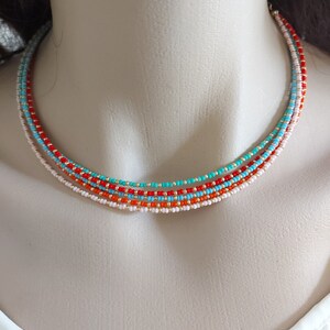 Red & Gold Beaded Necklace: Glass Seed Bead Choker, Colorful Summer Surfer Necklace