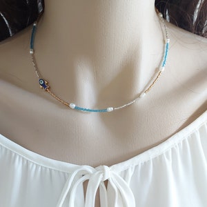 Colorful Beaded Necklace, Fish Necklace, Pearl Bead Jewelry, Evil Eye Necklace, Surfer Style Necklace, Summer Jewelry, Gift For Her