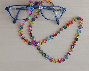 Colorful Beaded Eyeglass Chain: Sunglasses Necklace Lanyard, Reading Glasses Holder, Woven Fall Colors Strap