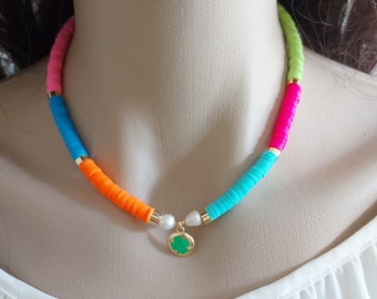 Clay Heishi & Pearl Choker: Shamrock Charm Necklace, Beach Jewelry, Colorful Necklace, Summer Accessory