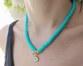 Turquoise Heishi Necklace: Gold Evil Eye, Beach Surfer Jewelry, Summer Accessory, Preppy Gift