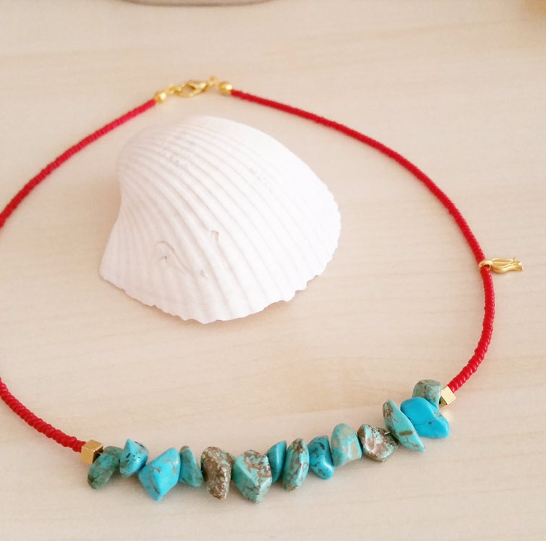 Red and turquoise beaded necklace Turquoise choker Turquoise necklace Beaded necklace summer necklace gift for her Choker jewelry