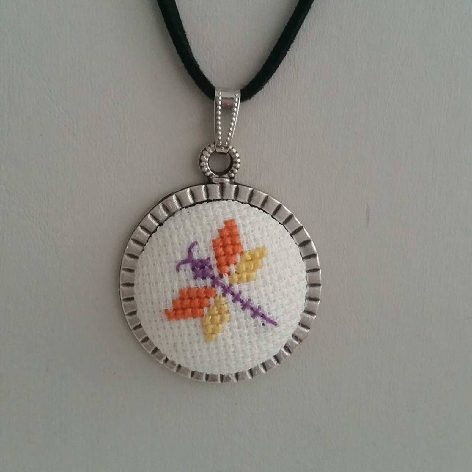 Cross Stitch Necklace, Dragonfly Cross Stitch Necklace, Dragonfly