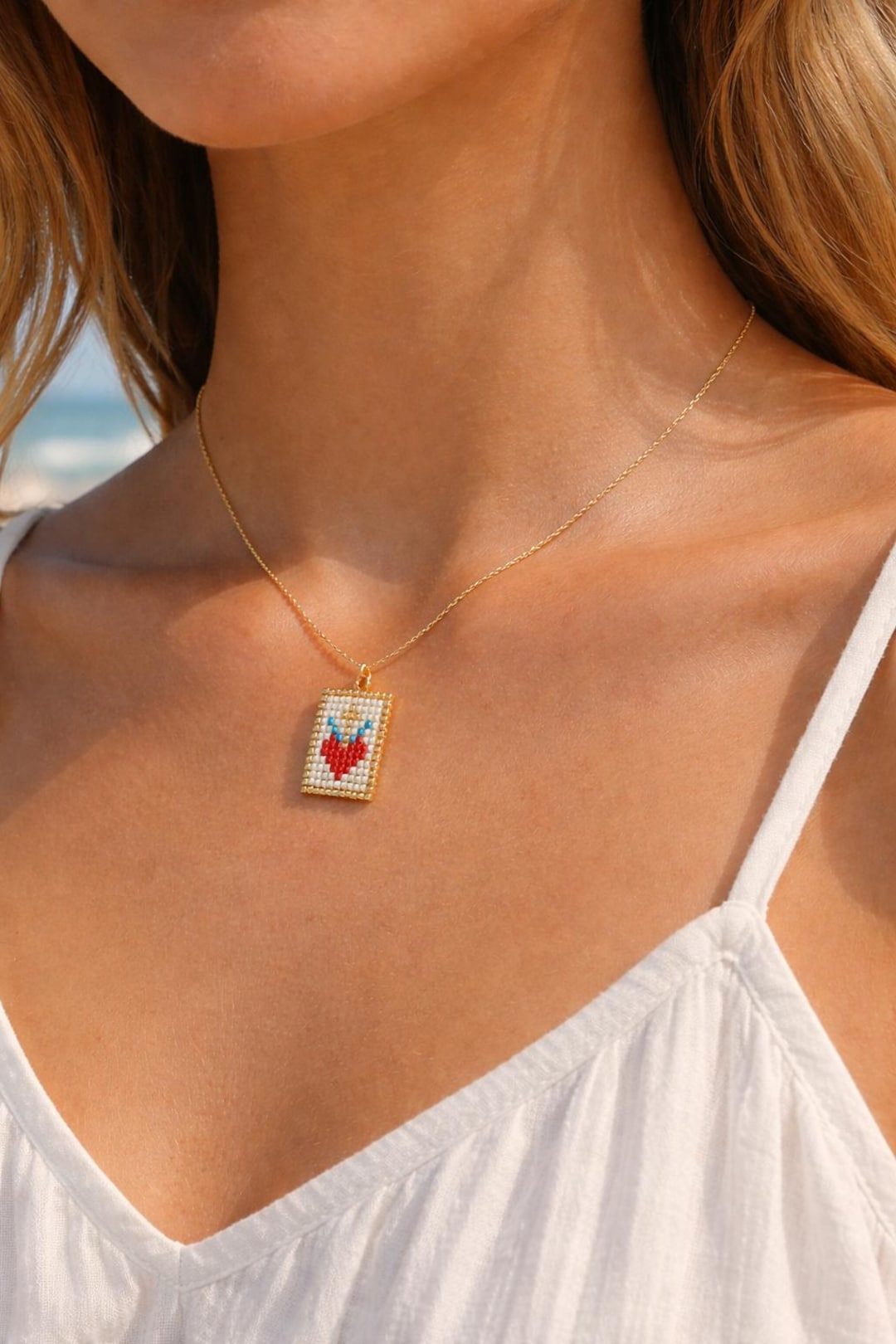 Handmade Miyuki Beaded Cross Necklace, Heart Jewelry, Birthday