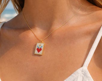 Handmade Miyuki Beaded Cross Necklace, Heart Jewelry, Birthday